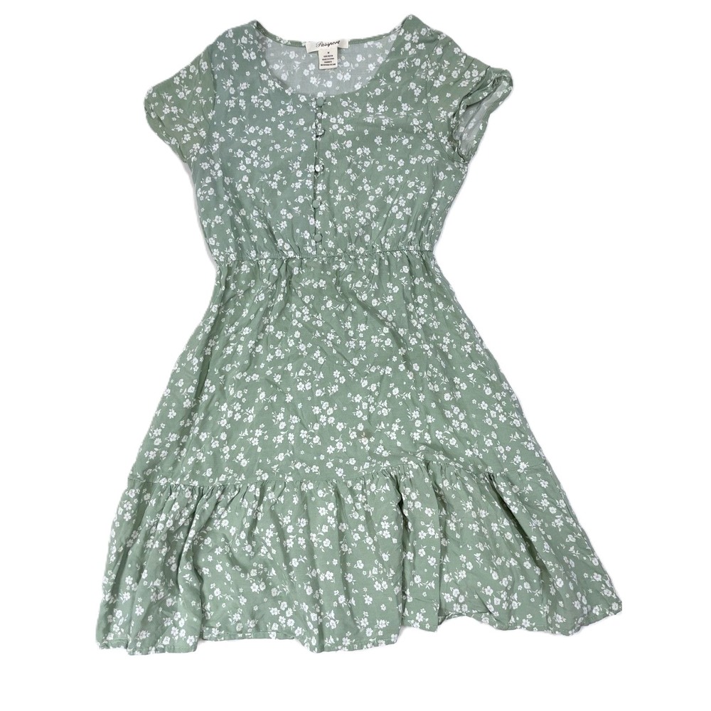 Passport Green V-Neck Tiered Dress White Ditsy Flowers M - Picture 1 of 9